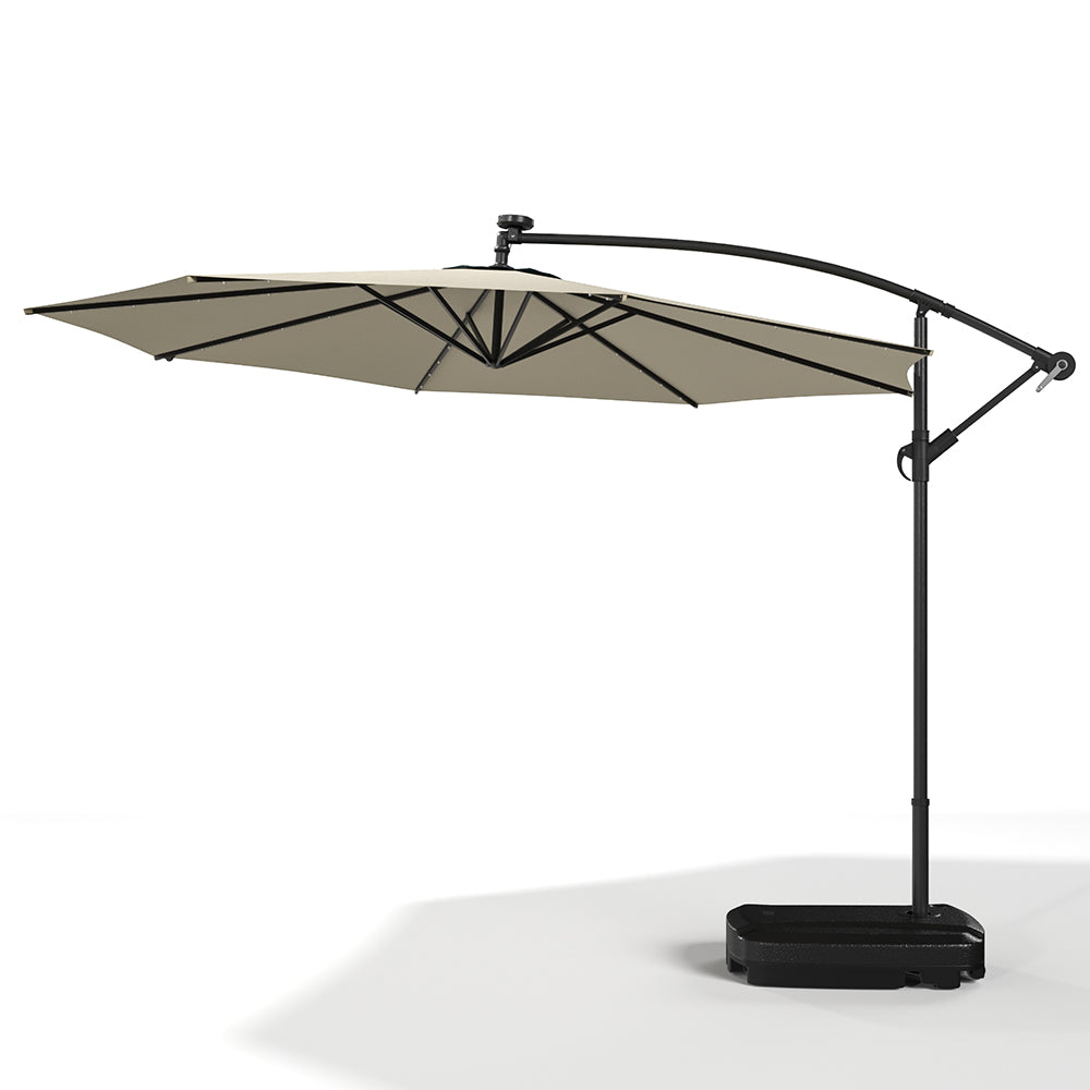 Beige 3m Iron Banana Umbrella Cantilever Garden Parasols with LED Lights Parasols & Rain Umbrellas Living and Home 