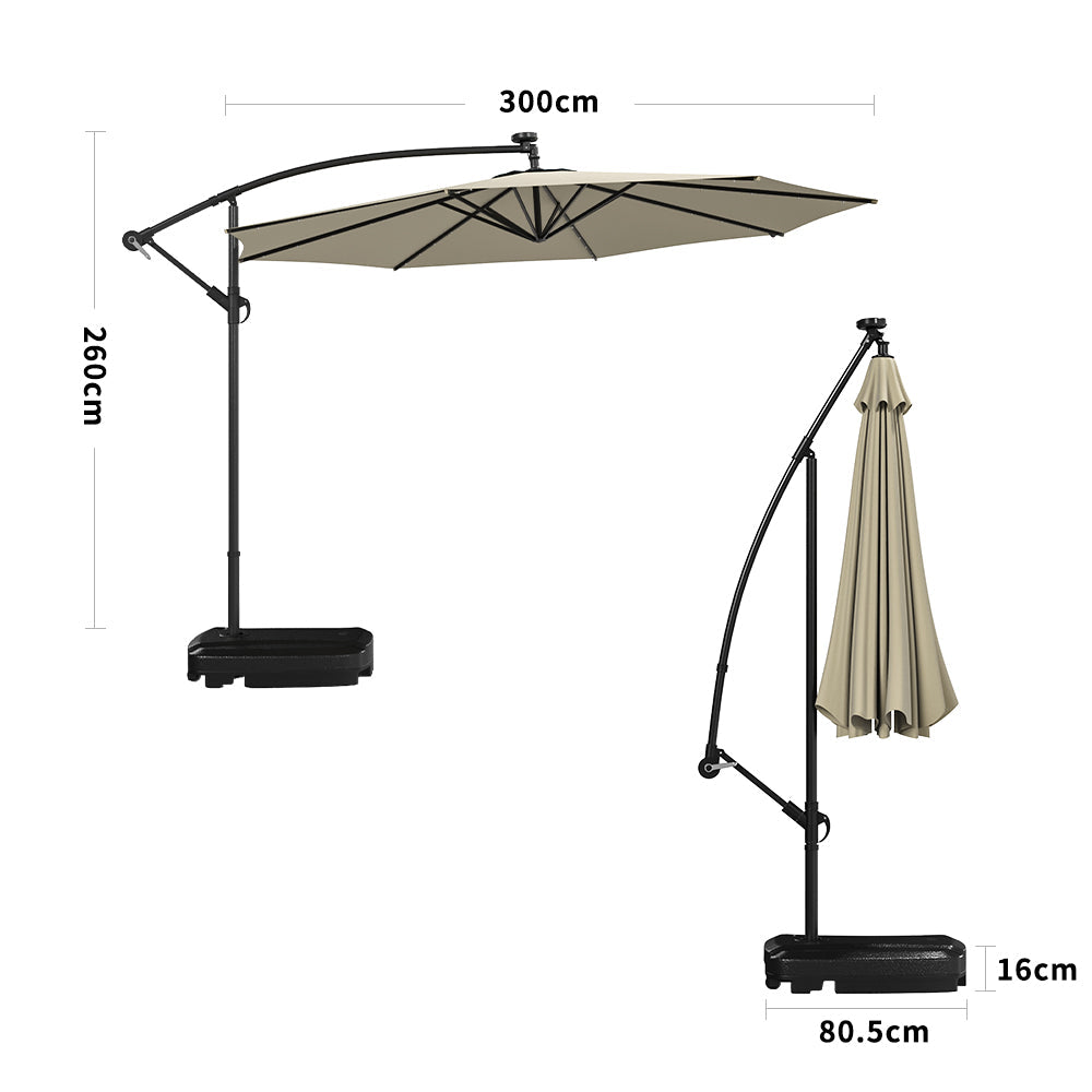 Beige 3m Iron Banana Umbrella Cantilever Garden Parasols with LED Lights Parasols & Rain Umbrellas Living and Home Rectangle water tank base 