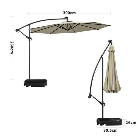 Beige 3m Iron Banana Umbrella Cantilever Garden Parasols with LED Lights Parasols & Rain Umbrellas Living and Home Rectangle water tank base 