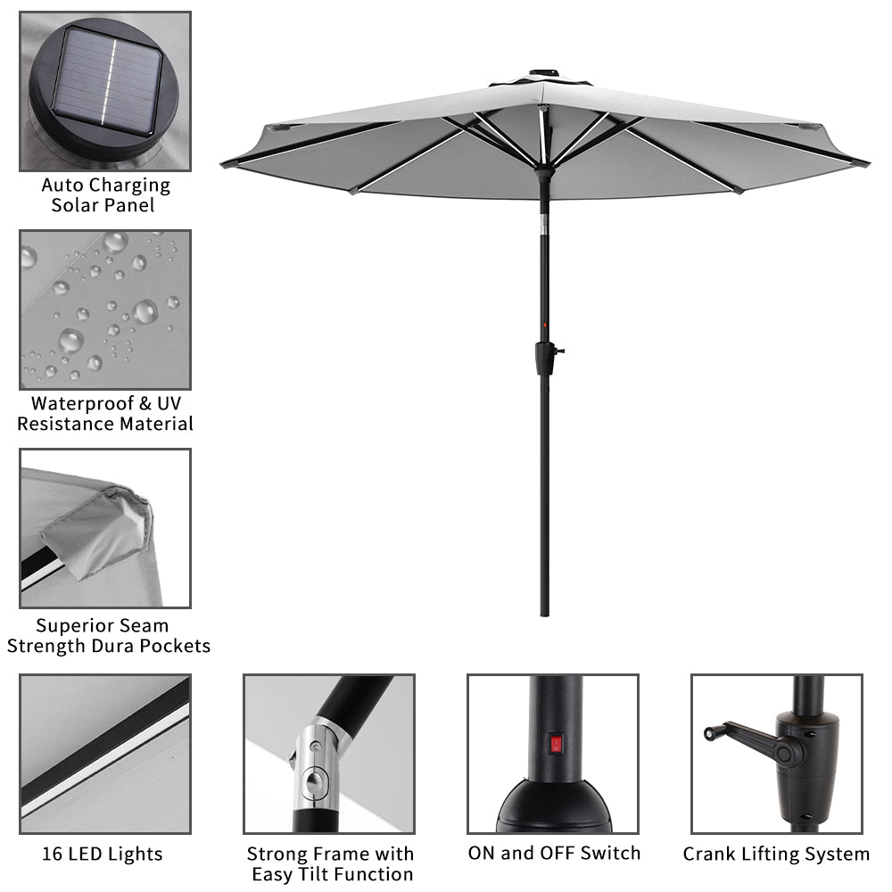 Light Grey 3M Lighted Market Sunbrella Umbrella with Solar Strip LED Lights Living and Home 