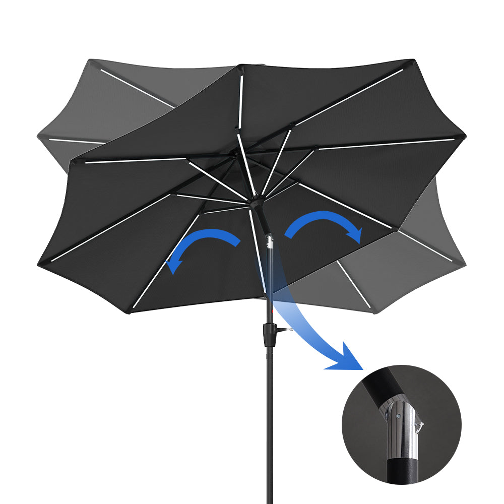 Black 3M Lighted Market Sunbrella Umbrella with Solar Strip LED Lights Parasols & Rain Umbrellas Living and Home 