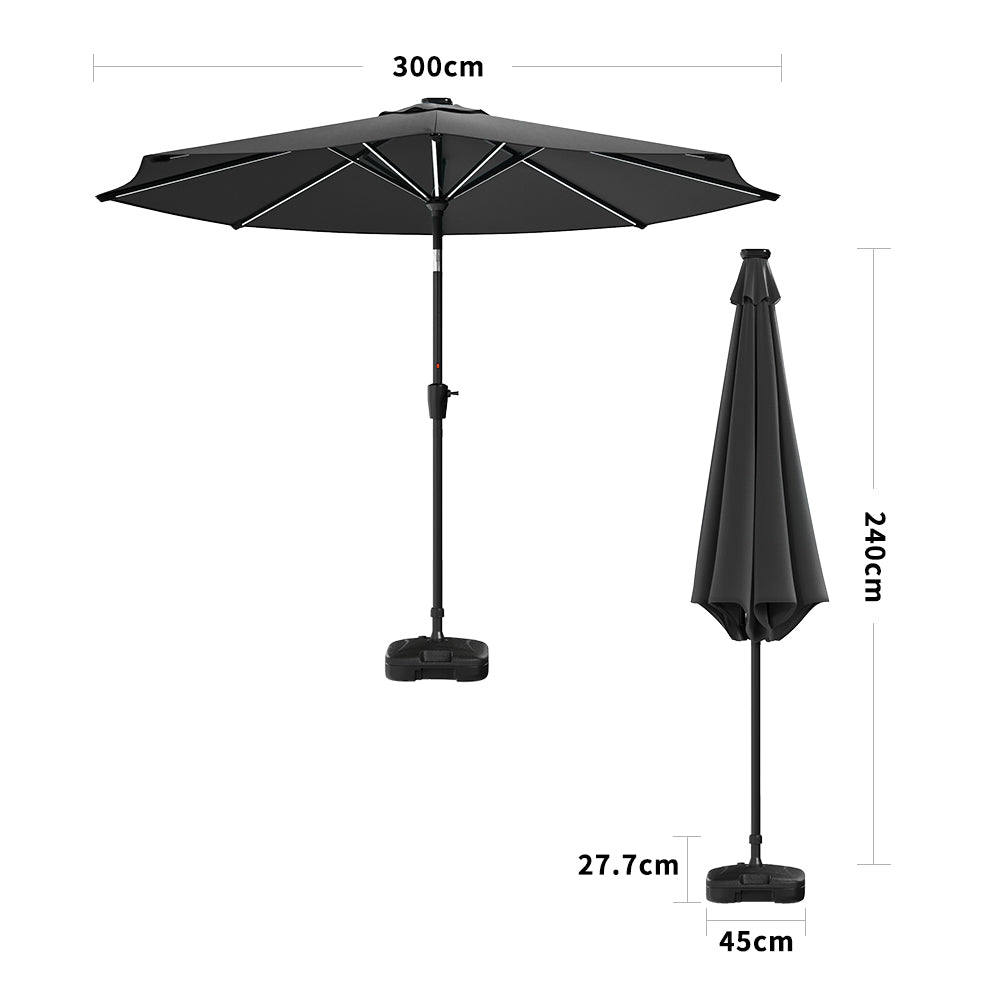 Black 3M Lighted Market Sunbrella Umbrella with Solar Strip LED Lights Parasols & Rain Umbrellas Living and Home Parasol + Circle Effect 14KG Resin tank base 