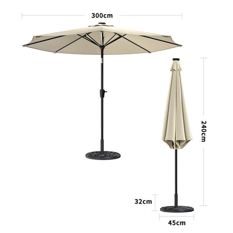 Beige 3M Lighted Market Sunbrella Umbrella with Solar Strip LED Lights Parasols & Rain Umbrellas Living and Home Parasol + 10KG Petal cement tank base 