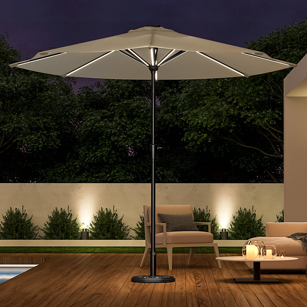 Beige 3M Lighted Market Sunbrella Umbrella with Solar Strip LED Lights Parasols & Rain Umbrellas Living and Home 