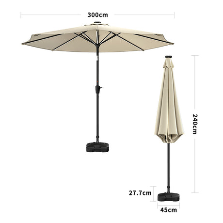 Beige 3M Lighted Market Sunbrella Umbrella with Solar Strip LED Lights Parasols & Rain Umbrellas Living and Home Parasol + Circle Effect 14KG Resin tank base 