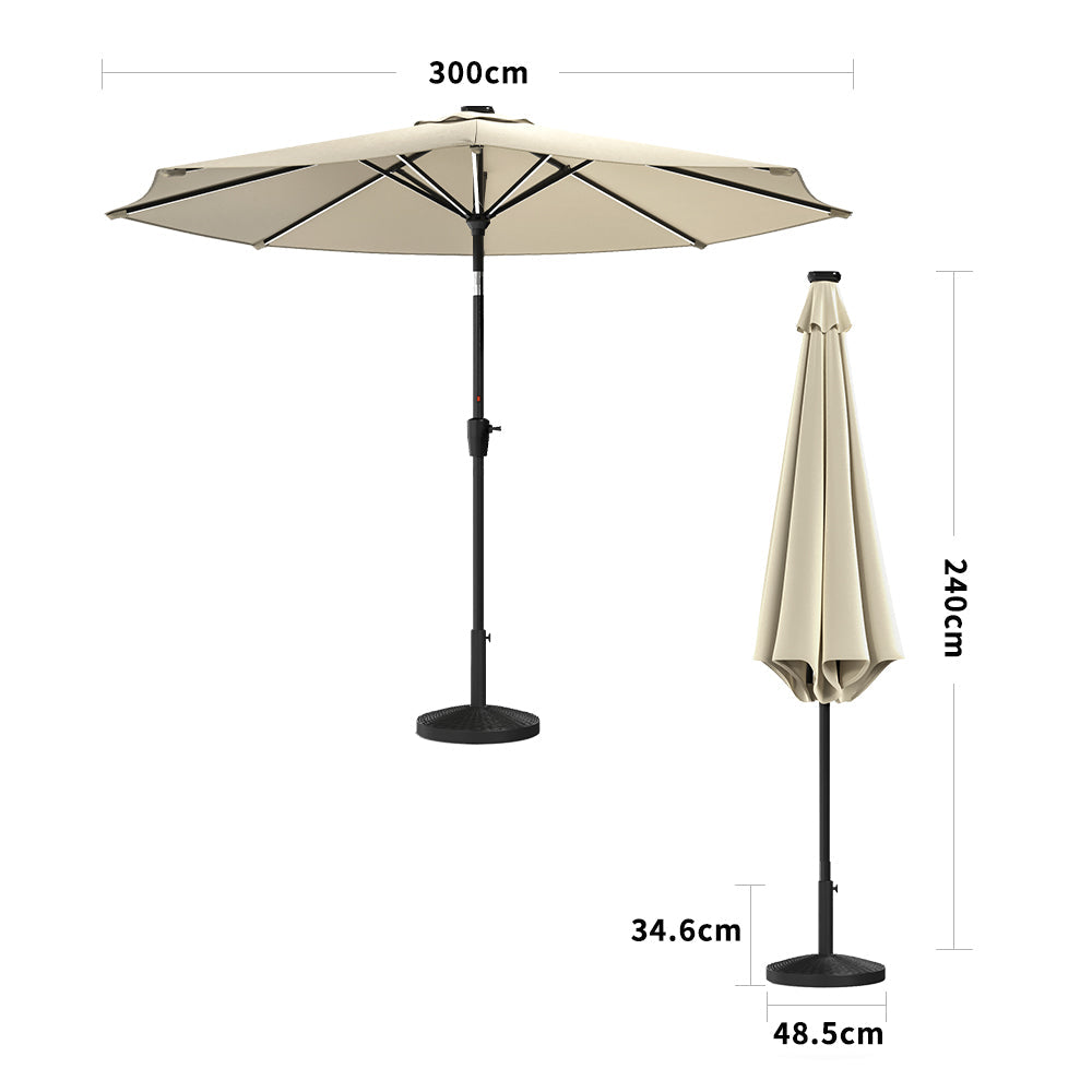 Beige 3M Lighted Market Sunbrella Umbrella with Solar Strip LED Lights Parasols & Rain Umbrellas Living and Home Parasol + Rattan Effect 14KG Resin tank base 