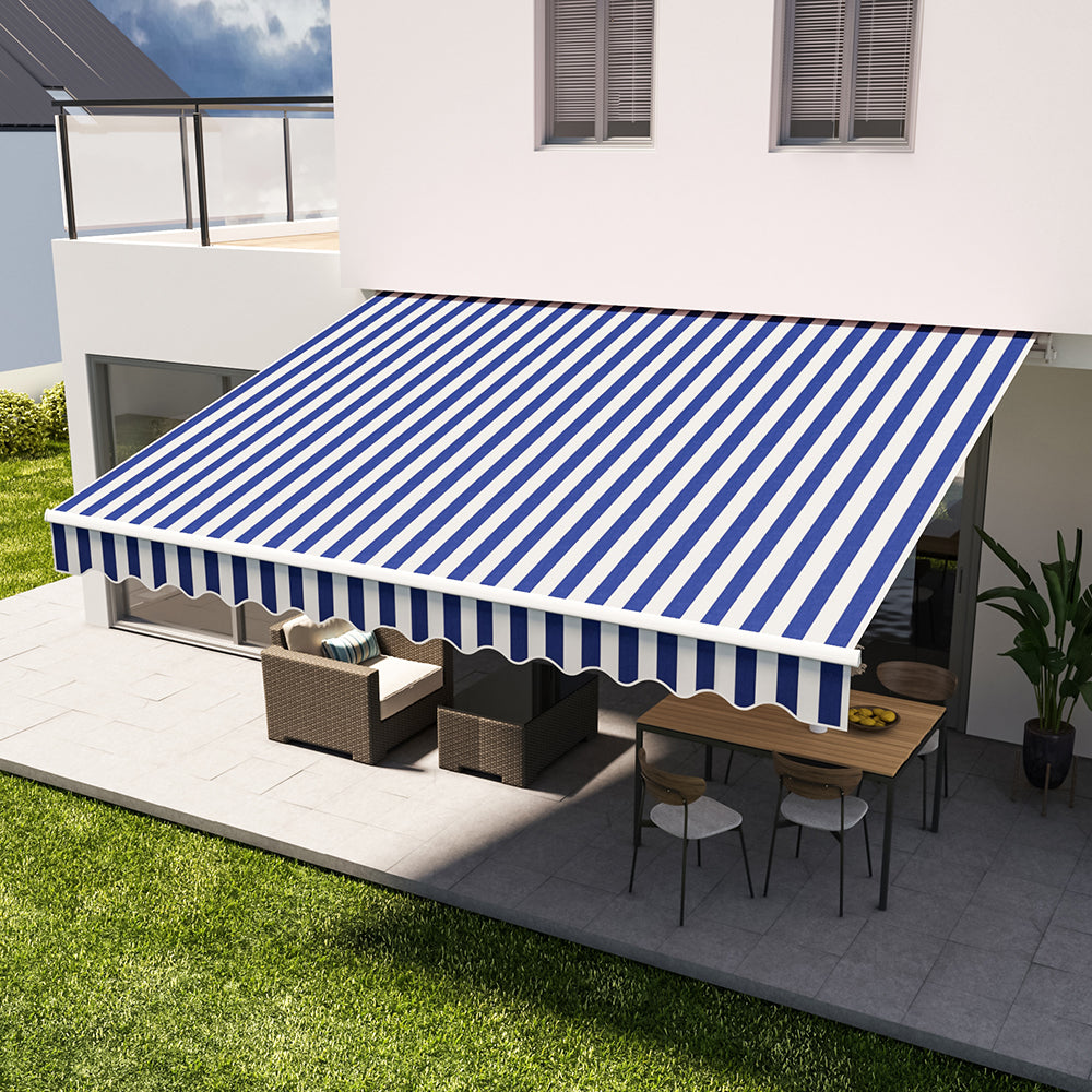 Retractable Patio Awning - Manual Shelter - Blue & White Awnings Living and Home 