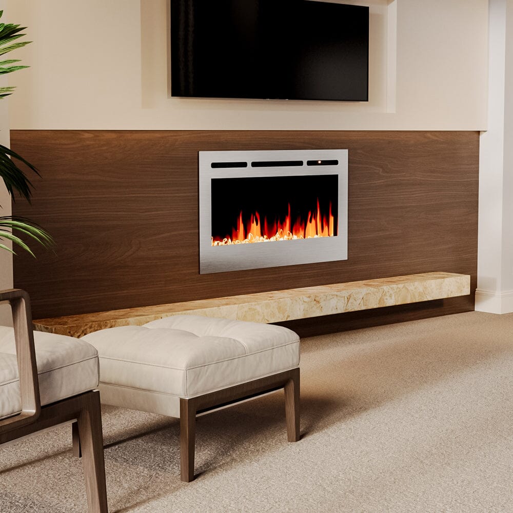 Silver 2kW Electric Fireplace 12 Flame Colour Recessed Fire with 2 Heat Settings Wall Mounted Fires Living and Home 