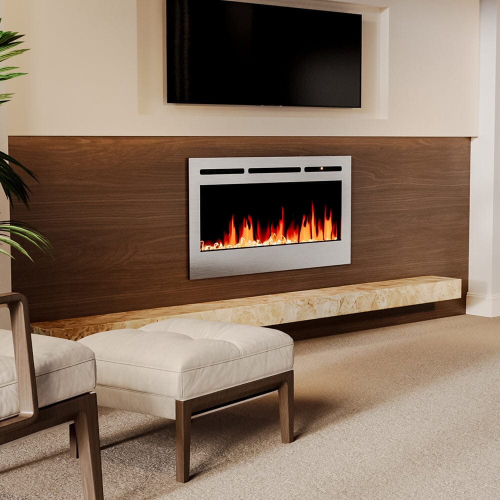 Silver 2kW Electric Fireplace 12 Flame Colour Recessed Fire with 2 Heat Settings Wall Mounted Fires Living and Home 