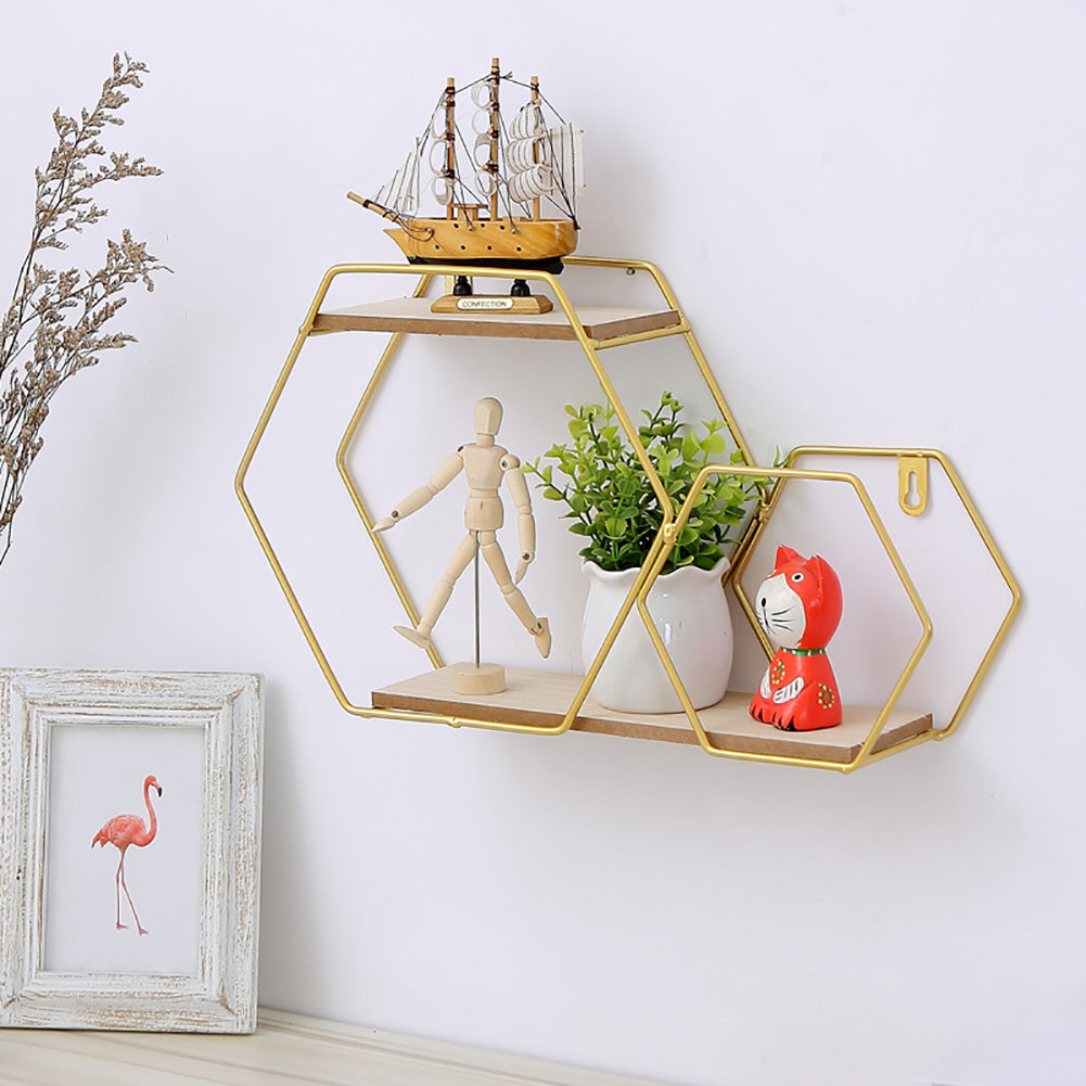 2-Tier Geometric Floating Shelf Easy Assembly Gold Framed Wall Shelf Wall & Display Shelves Living and Home 