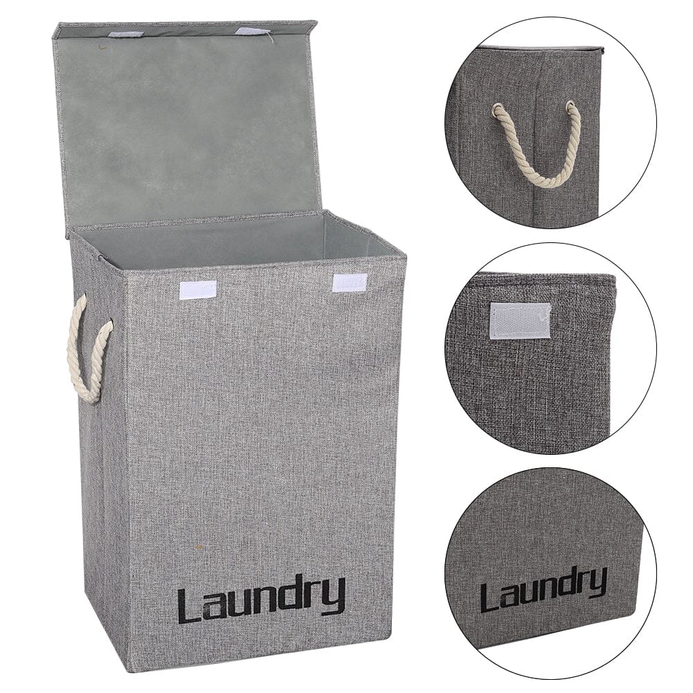 Cotton Flax Hamper Laundry Baskets Foldable Washing Clothes Storage with Lid - Grey Laundry Baskets Living and Home 