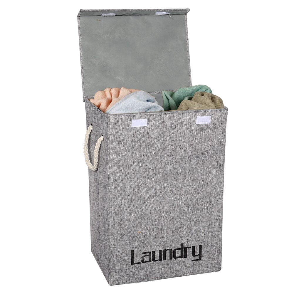 Cotton Flax Hamper Laundry Baskets Foldable Washing Clothes Storage with Lid - Grey Laundry Baskets Living and Home 