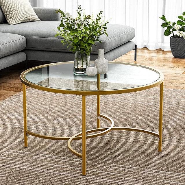 Round Coffee Table Glass Top Crossed C Base Centre Table Coffee Tables Living and Home Gold 