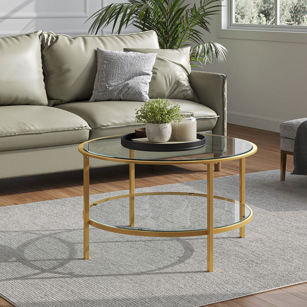 2-Tiers Round Glass Coffee Table Side Table Gold Frame – Living and Home