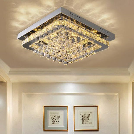 Chrome Finished Sqaure LED Ceiling Light with Luxury Crystal Ball Drops Ceiling Light Living and Home Dimmable Warm Glow 