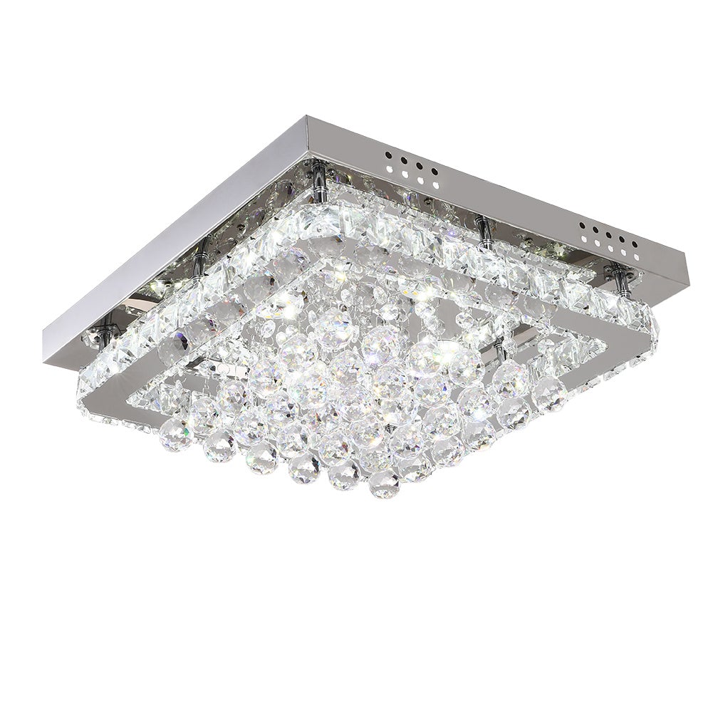 Chrome Finished Sqaure LED Ceiling Light with Luxury Crystal Ball Drops Ceiling Light Living and Home Non-dimmable White Glow 